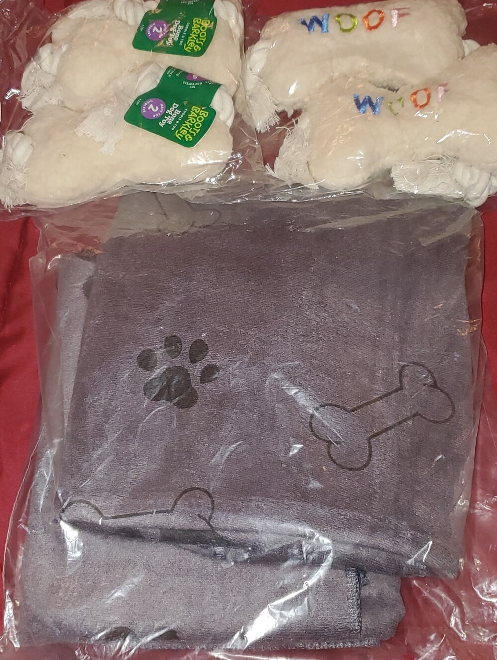 Boots & Barkley Bone Plush Rope 12.5 inch Woof Dog Toy (4) & 2 Pet Towels Combo